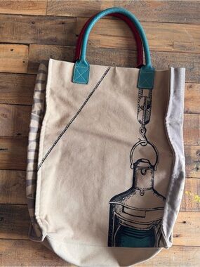 New York Nautical Canvas Tote Bag with Teal and Red Handles